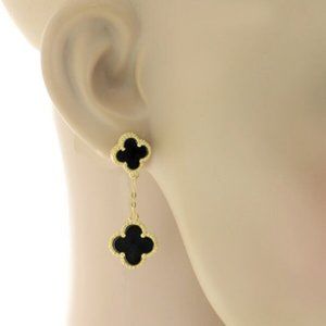 Black Onyx four leaf clover 925 silver 18k yellow gold plated drop earrings, NEW